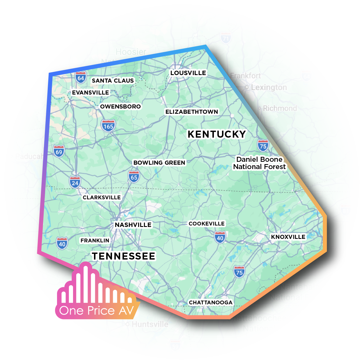 Map of the One Price AV service area, centered on Nashville and covering Tennessee toward Chattanooga plus Kentucky toward Louisville and Lexington